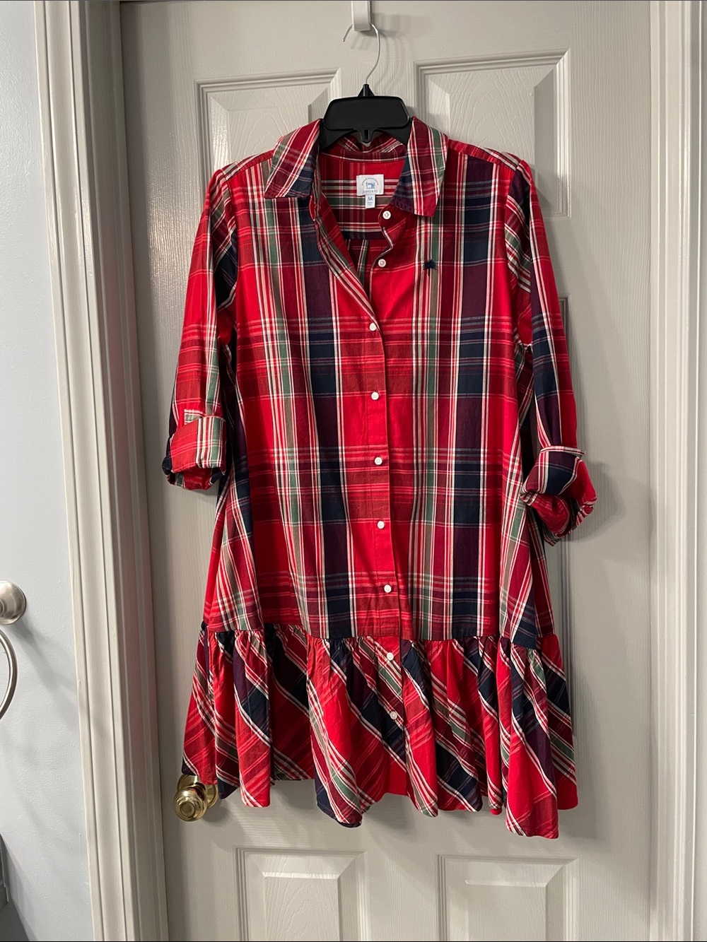 crown & ivy Red Plaid Button-Front Ruffle Hem Dress